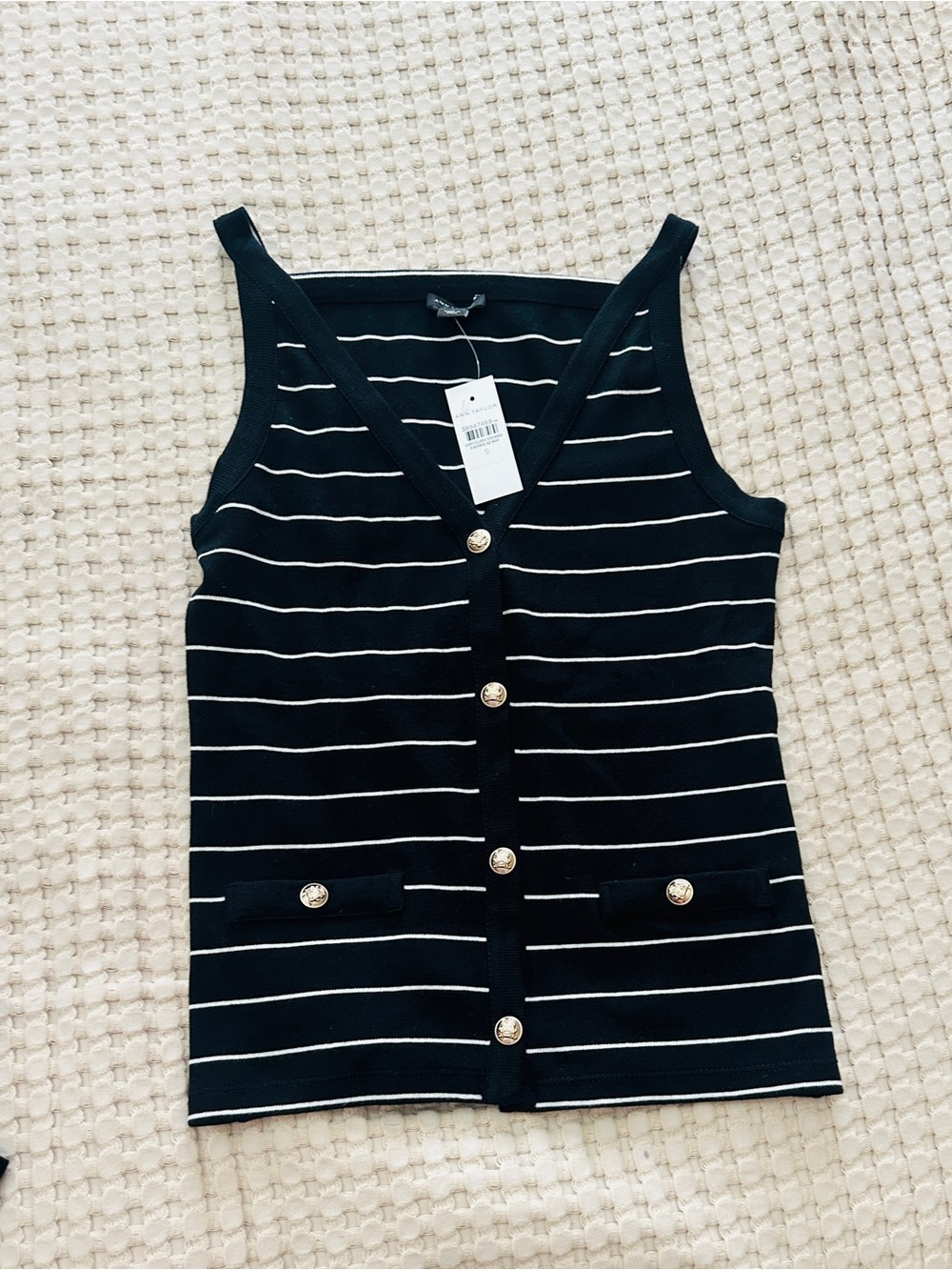 Ann Taylor Black & White Striped V-Neck top with Gold Button